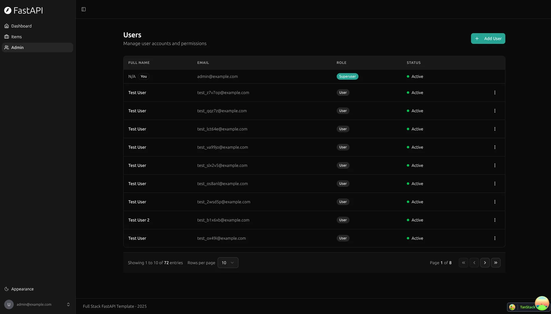The same admin users table in dark mode