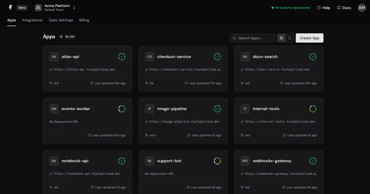 The FastAPI Cloud dashboard, showing a team's apps with their deployment status, URL and region
