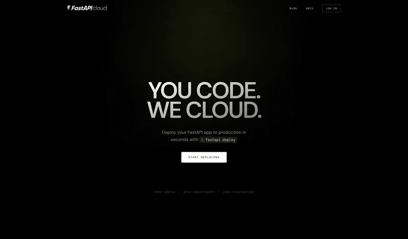 The FastAPI Cloud landing page: "You code. We cloud."